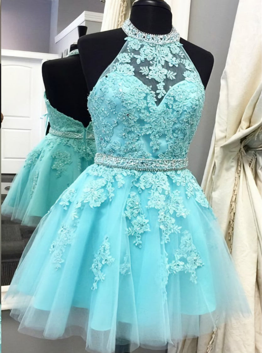 Blue Tulle Lace Halter Backless Homecoming Dress