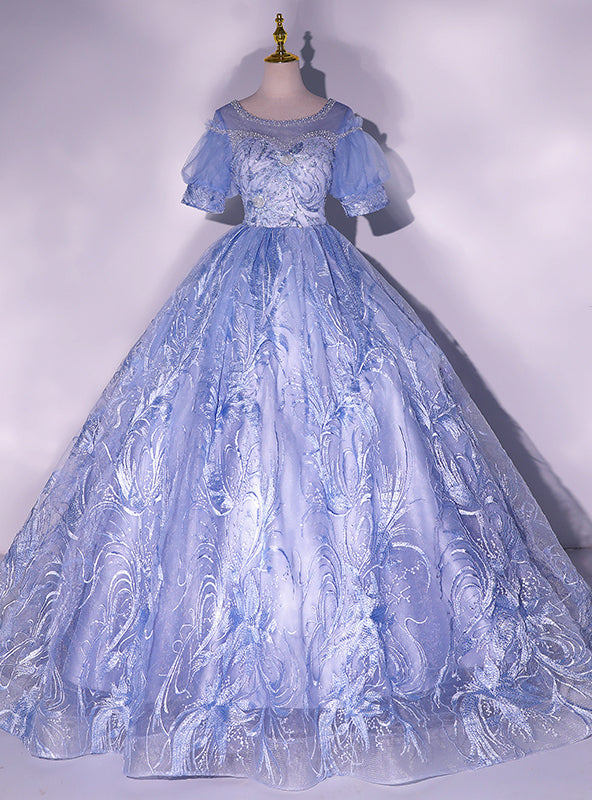 Blue Tulle Lace Short Sleeve Backless Beading Quinceanera Dress