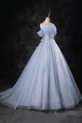 Blue Tulle Long A-Line Prom Dresses Party Dresses, Beautiful Off the Shoulder Blue Evening Dresses