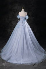 Blue Tulle Long A-Line Prom Dresses Party Dresses, Beautiful Off the Shoulder Blue Evening Dresses