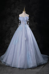 Blue Tulle Long A-Line Prom Dresses Party Dresses, Beautiful Off the Shoulder Blue Evening Dresses