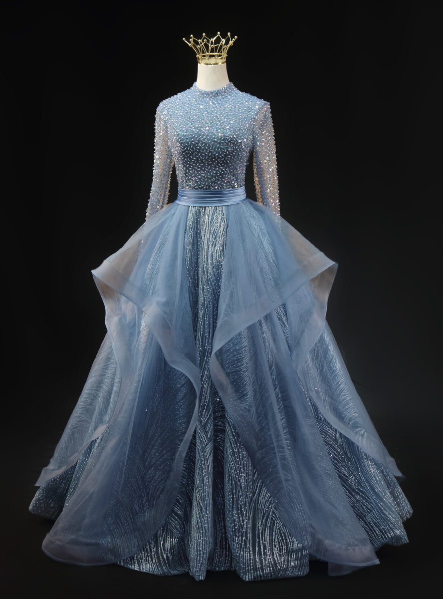 Blue Tulle Long Sleeve Backless Beading Prom Dress