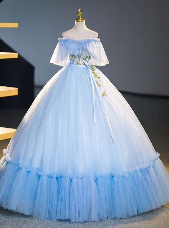 Blue Tulle Off the Shoulder Appliques Quinceanera Dress