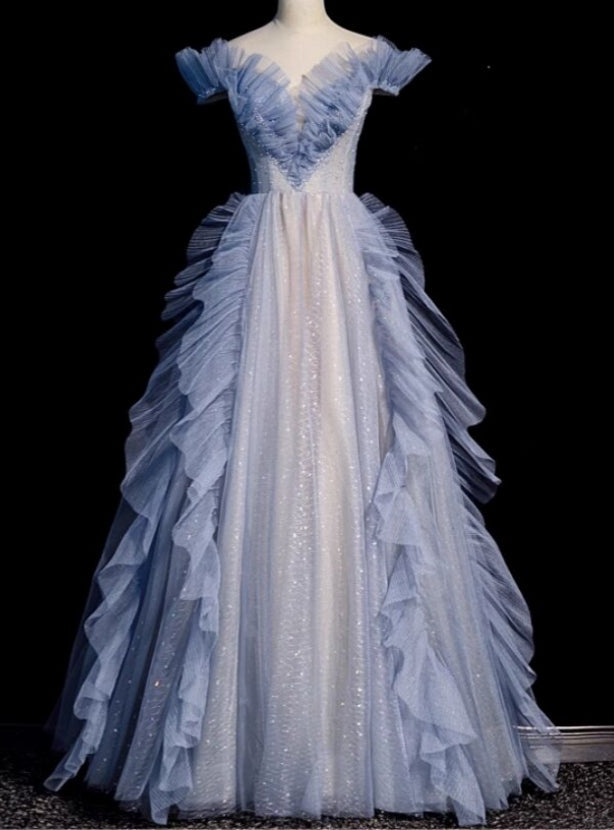 Blue Tulle Pleats Beading Prom Dress