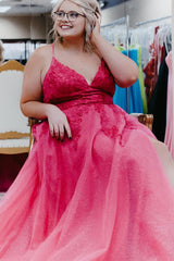 Blue Tulle Plus Size Long Prom Dress with Appliques