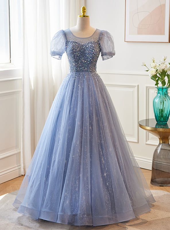 Blue Tulle Puff Sleeve Beading Sequins Prom Dress