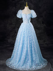 Blue Tulle Sequins Butterfly Short Sleeve Prom Dress