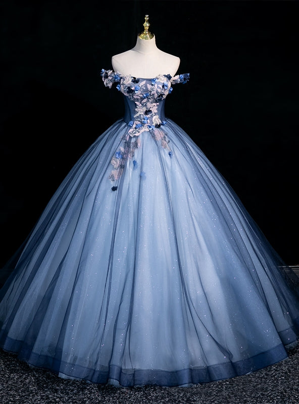 Blue Tulle Sequins Off the Shoulder Appliques Ball Gown Quinceanera Dress