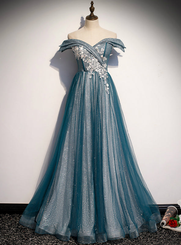 Blue Tulle Sequins Off the Shoulder Appliques Prom Dress