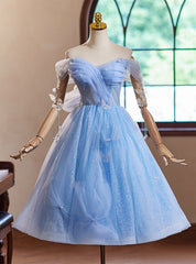 Blue Tulle Sequins Off the Shoulder Butterfly Homecoming Dress