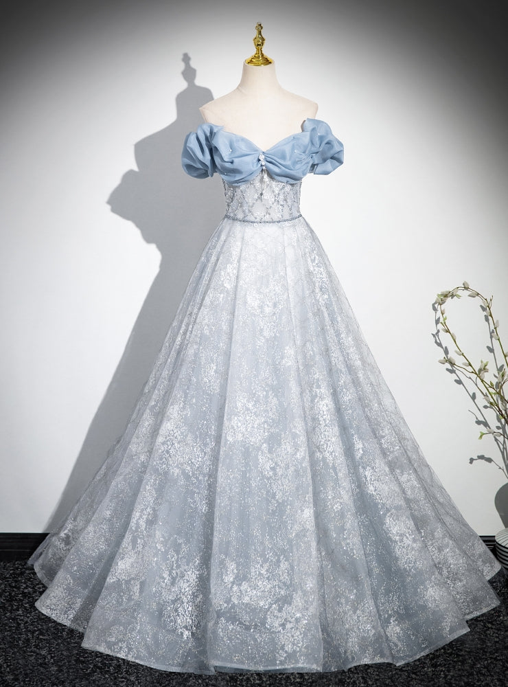 Blue Tulle Sequins Off the Shoulder Pearls Prom Dress