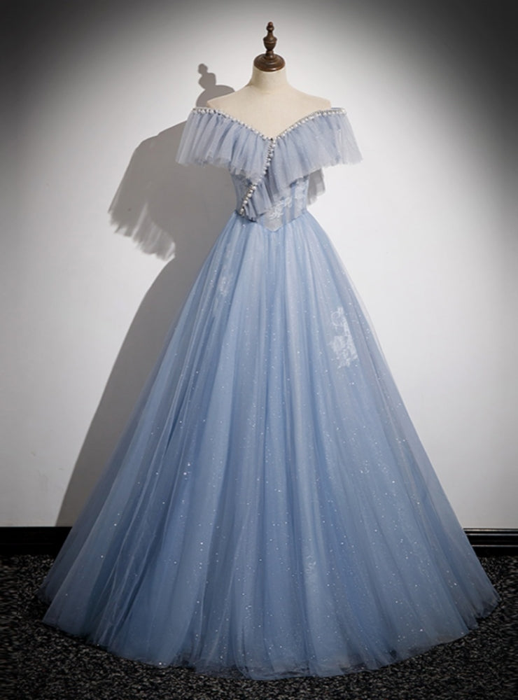 Blue Tulle Sequins Off the Shoulder Pearls Prom Dresses