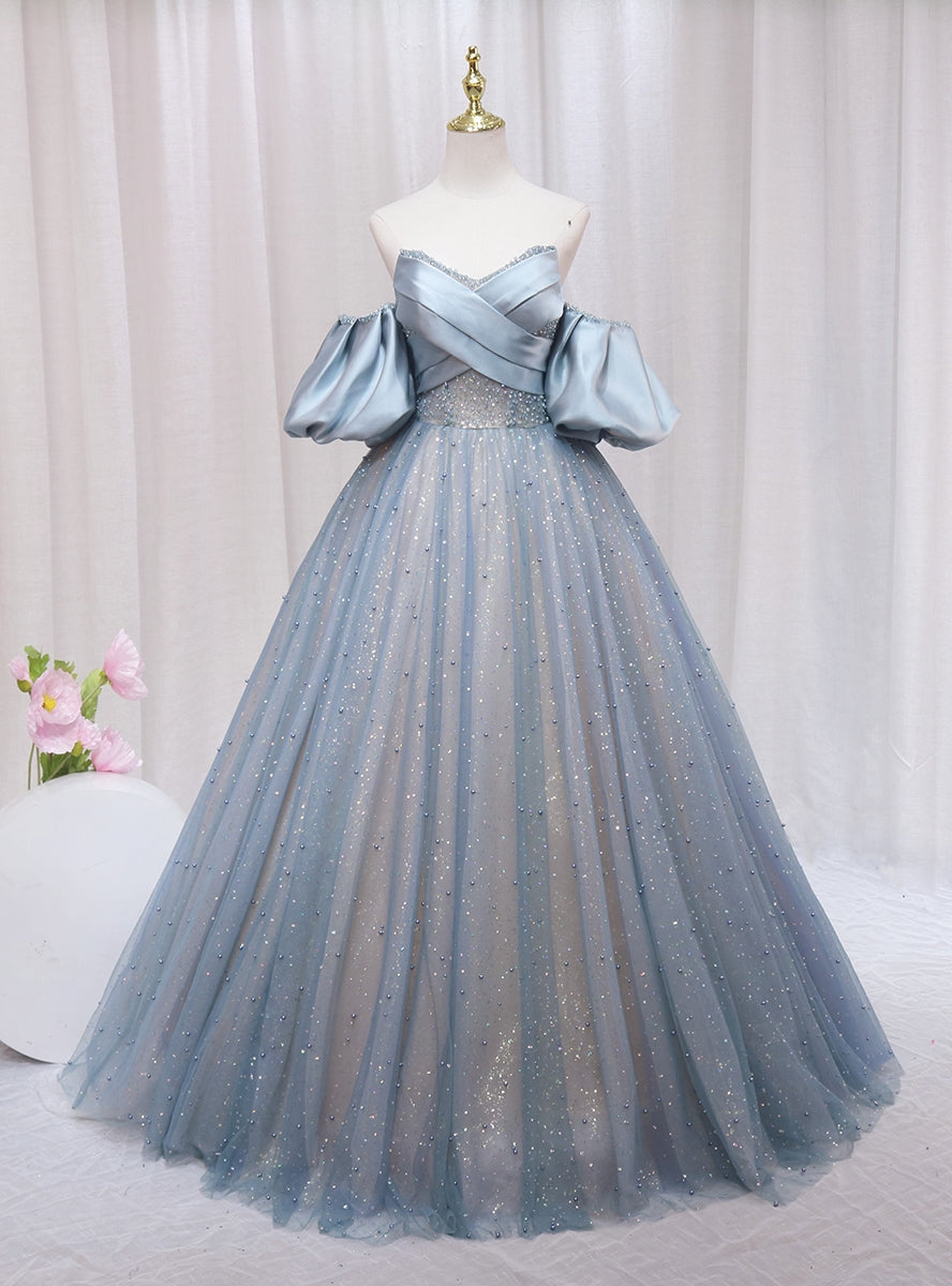 Blue Tulle Sequins Pearls Strapless Prom Dress