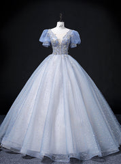 Blue Tulle Sequins See Through V-neck Puff Sleeve Beading Quinceanera Dress