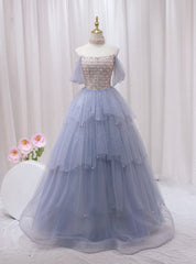 Blue Tulle Sequins Strapless Beading Prom Dress