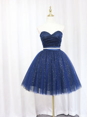 Blue Tulle Sequins Strapless Homecoming Dress