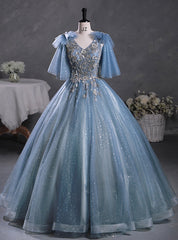 Blue Tulle Sequins V-neck Quinceanera Dress