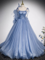 Blue Tulle Spaghetti Straps Flower Bow Prom Dress