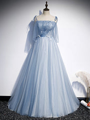 Blue Tulle Spaghetti Straps Sleeveless Prom Dress