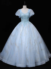 Blue Tulle Square Puff Sleeve Beading Quinceanera Dress