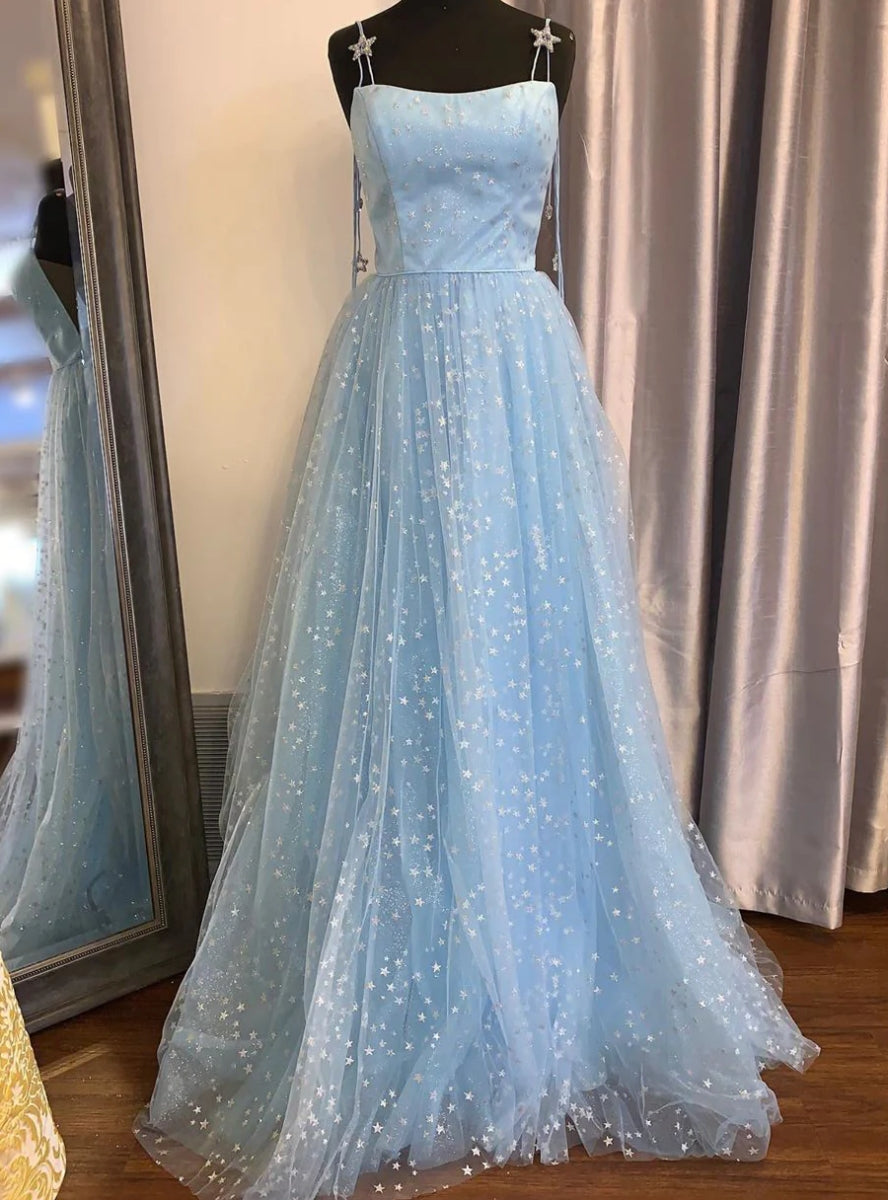 Blue Tulle Star Sequins Spaghetti Straps Prom Dress