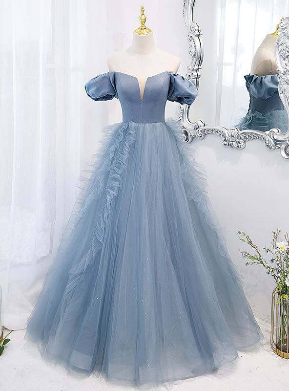 Blue Tulle Strapless Prom Dress With Detachable Sleeve