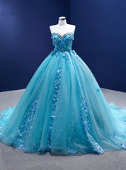 Blue Tulle Sweetheart Appliques Beading Prom Dress