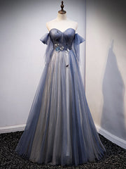 Blue Tulle Sweetheart Pleats Appliques Prom Dress