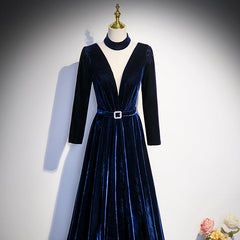 Blue Velvet Long Sleeves Floor Length Wedding Party Dresses, Blue Formal Gown