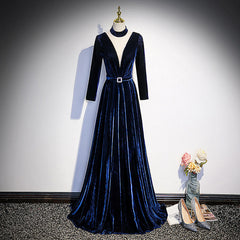 Blue Velvet Long Sleeves Floor Length Wedding Party Dresses, Blue Formal Gown