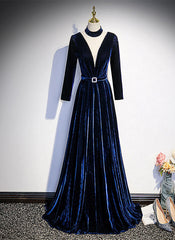 Blue Velvet Long Sleeves Floor Length Wedding Party Dresses, Blue Formal Gown