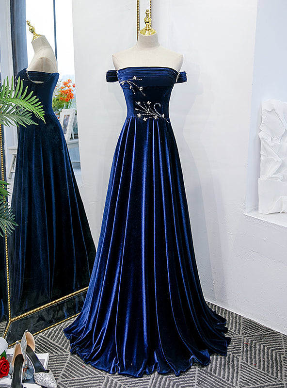 Blue Velvet Off the Shoulder Beading Pleats Prom Dress