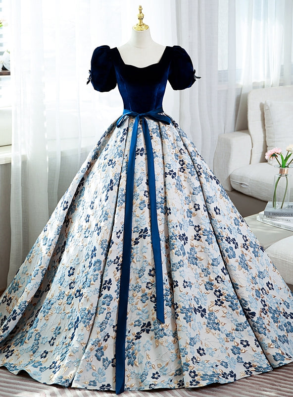 Blue Velvet Puff Sleeve Quinceanera Dress