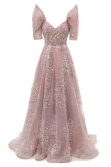 Blushing Pink Lace Crystal Sequin Long Prom Dresses Luxury Evening Gowns Vintage Party Dresses