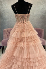 Blushing Pink Tulle Ruffle Layers Lace-Up Back A-Line Prom Dress