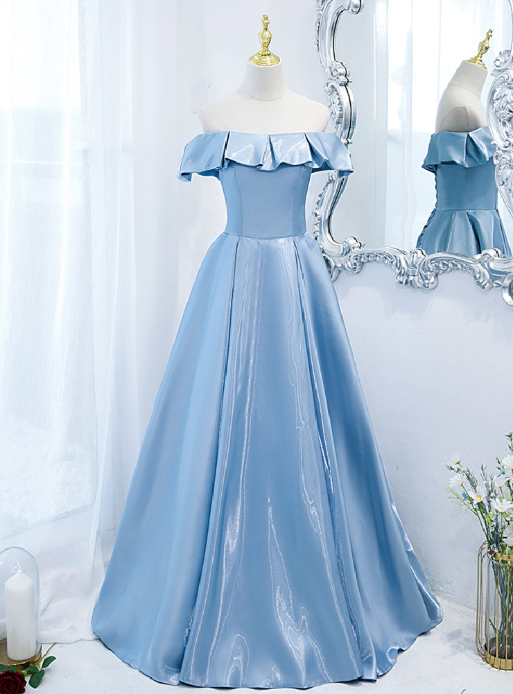 Brilliant Blue Satin Off the Shoulder Prom Dress