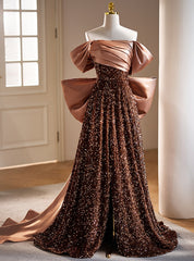 Brown Sequins Satin Pleats Prom Dress With Bow