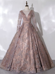 Brown Tulle Long Sleeve Pearls Embroidery Quinceanera Dress