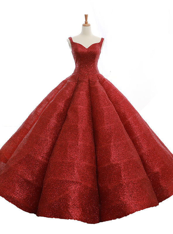 Burgundy Ball Gown Sequins Straps Backless Wedding Dress