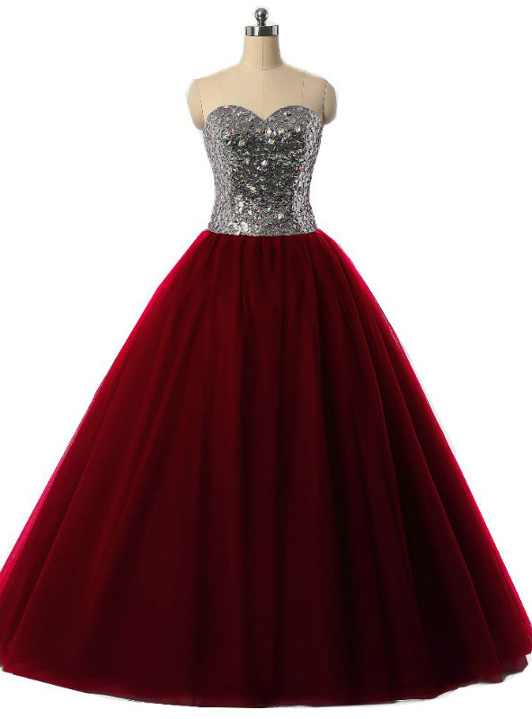 Burgundy Ball Gown Sweetheart Tulle Sequins Quinceanera Dresses