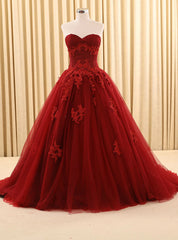 Burgundy Ball Gown Tulle Sweetheart Appliques Wedding Dress