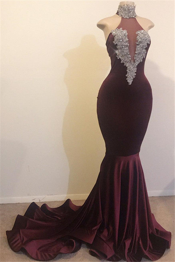 Burgundy Mermaid High Neck Velvet Prom Dresses