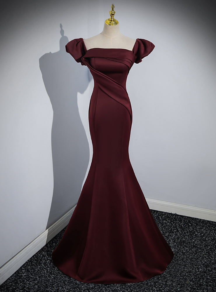 Burgundy Mermaid Off the Shoulder Pleats Prom Dresses