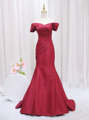 Burgundy Mermaid Satin Off the Shoulder Pleats Prom Dress