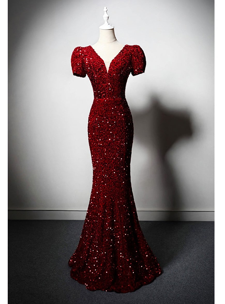 Burgundy Mermaid Sequins Puff Sleeve Prom Dress