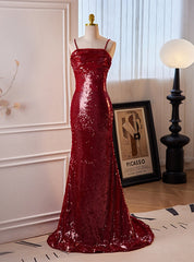 Burgundy Mermaid Sequins Spaghetti Straps Prom Dress