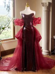 Burgundy Mermaid Sequins Strapless Prom Dress With Train