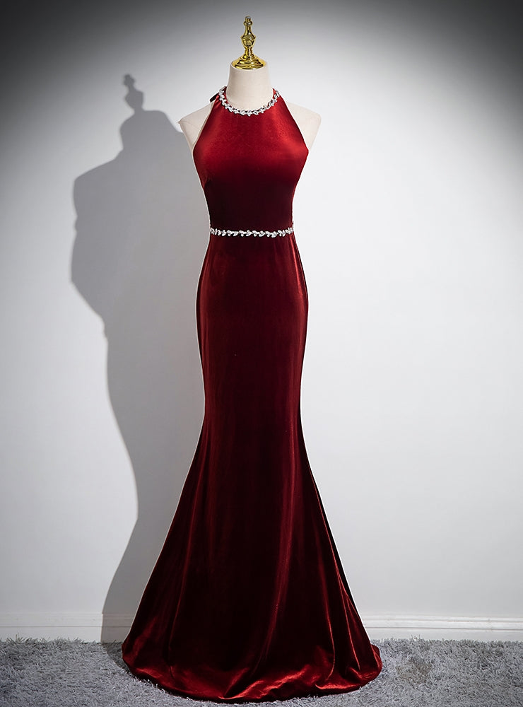 Burgundy Mermaid Velvet Backless Prom Dress