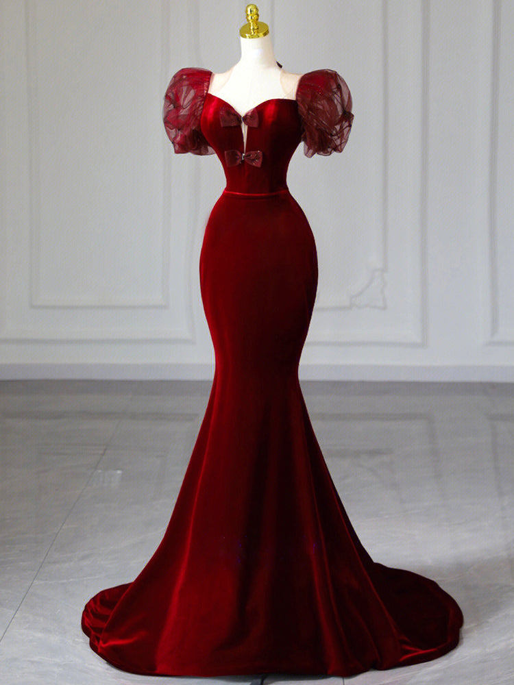 Burgundy Mermaid Velvet Puff Sleeve Bow Prom Dress