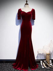 Burgundy Mermaid Velvet Short Sleeve Prom Dresss